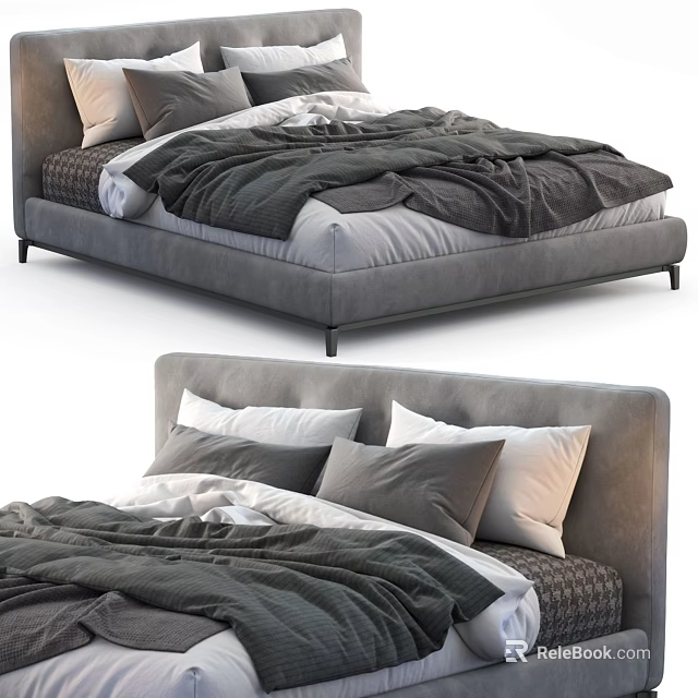 Modern Gray Bed Frame With Multiple Pillows And Cozy Bedspread 3d model