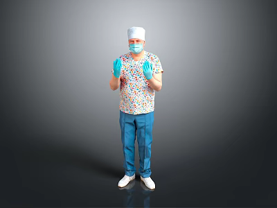 Person Wearing White Cap Mask Colorful Shirt Blue Pants And Blue Gloves 3d model