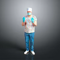 Person Wearing White Cap Mask Colorful Shirt Blue Pants And Blue Gloves