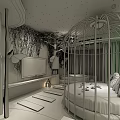 Hotel Guest Room With Green Walls Starry Ceiling Birdcage Bed Stone Path And Butterfly Decorations