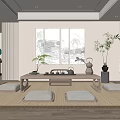 Minimalist Tea Room Interior With Wooden Tea Table Floor Cushions Hanging Paintings And Green Plants