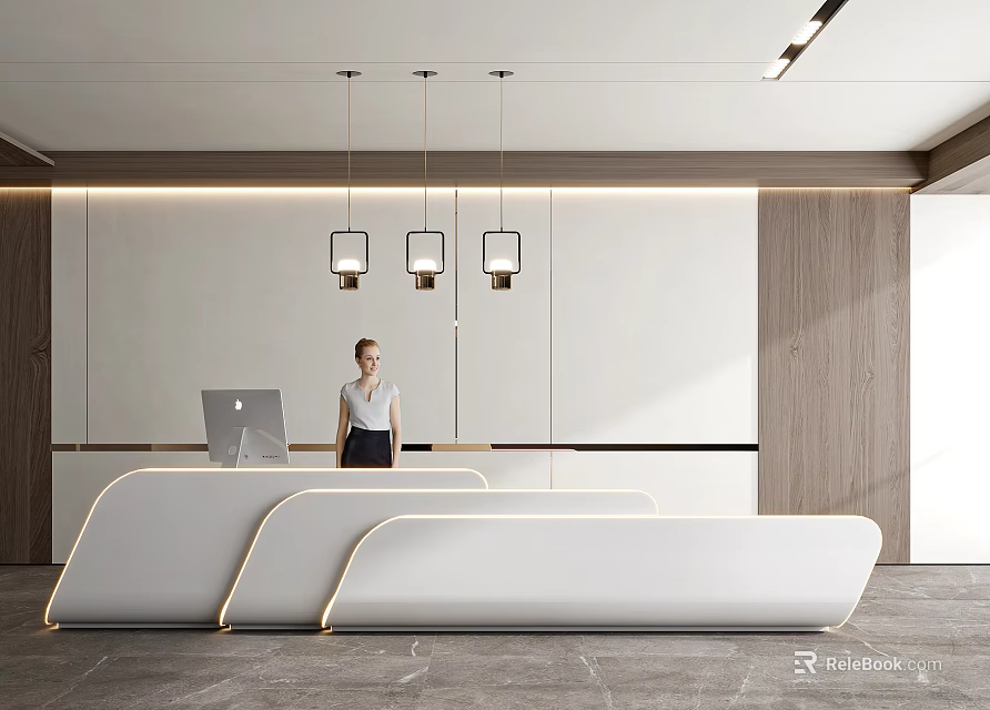 Modern White Curved Reception Desk with Female Receptionist and Pendant Lights in Office Interior 3d model 