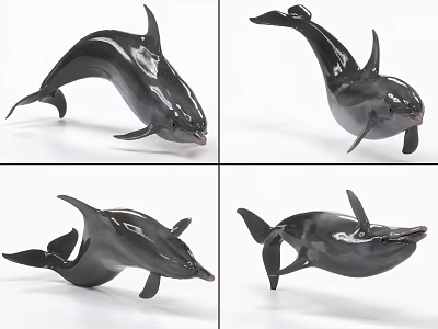 Artistic Shiny Black Dolphin Sculptures Showcased In Four Different Angles 3d model