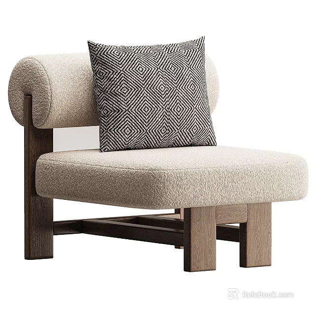 Stylish Accent Chair with Curved Armrests Beige Fabric Wooden Legs and Black Geometric Pillow 3d model 