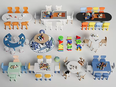 Colorful Kids Table with Matching Chairs and Playful Toys for Children's Room 3d model