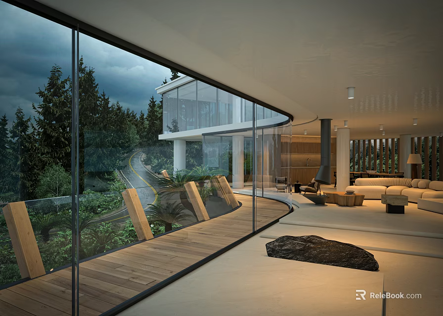 Modern Dining and Living Room Interior With Large Glass Windows And Natural Landscape View 3d model 