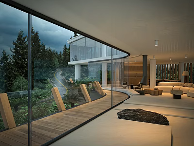 Modern Dining and Living Room Interior With Large Glass Windows And Natural Landscape View 3d model