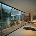 Modern Dining and Living Room Interior With Large Glass Windows And Natural Landscape View
