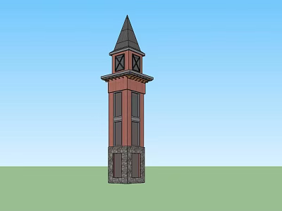 Classic Red Brick Clock Tower Featuring Black Spire And Stone Base Structure 3d model