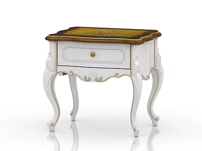 Elegant White Bedside Table With Brown Carved Top Gold Drawer Handle And Curved Decorative Legs 3d model