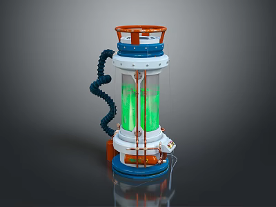 Scientific Equipment Featuring Transparent Cylindrical Container Green Liquid Orange Top Blue Base And Black Hose 3d model