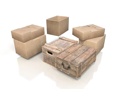 Stacked Cardboard Boxes and Open Wooden Crate for Household Storage Daily Organization 3d model