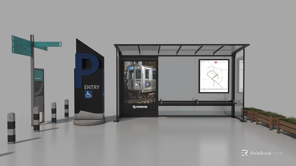 Subway Entry Area With Covered Shelter Train Image Map Screen Bench And Accessible Symbol 3d model 