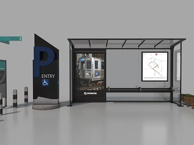 Subway Entry Area With Covered Shelter Train Image Map Screen Bench And Accessible Symbol 3d model
