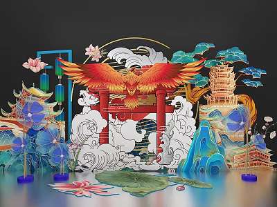 Chinese-style National Tide Phoenix New Year Ancient Building Cartoon Lotus Meichen Photo Card 3d model
