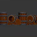 Wooden Barrels With Metal Hoops And Open Lids In Various Positions