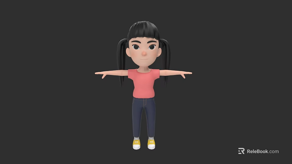 3D Cartoon Woman Character With Black Pigtails Pink Shirt Blue Jeans Yellow Shoes Arms Outstretched 3d model 