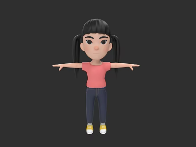 3D Cartoon Woman Character With Black Pigtails Pink Shirt Blue Jeans Yellow Shoes Arms Outstretched 3d model