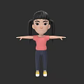 3D Cartoon Woman Character With Black Pigtails Pink Shirt Blue Jeans Yellow Shoes Arms Outstretched