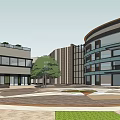 Modern Commercial Street Featuring Stylish Buildings Shops Pedestrian Plaza And Greenery