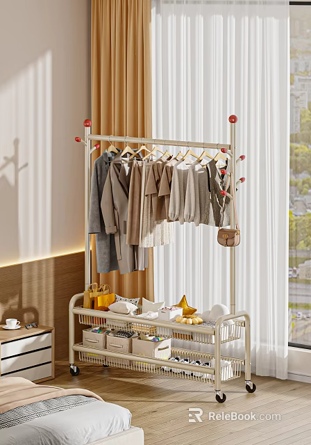 Stylish Clothes Hanging on Metal Rack with Neutral Tones and Accessories 3d model 