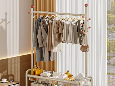 Stylish Clothes Hanging on Metal Rack with Neutral Tones and Accessories 3d model