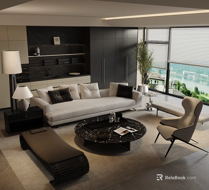 Modern Living Room Light Colored Sofa Black Round Coffee Table Accent Chair Floor to Ceiling Windows View 3d model 