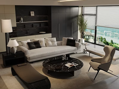Modern Living Room Light Colored Sofa Black Round Coffee Table Accent Chair Floor to Ceiling Windows View 3d model