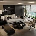 Modern Living Room Light Colored Sofa Black Round Coffee Table Accent Chair Floor to Ceiling Windows View