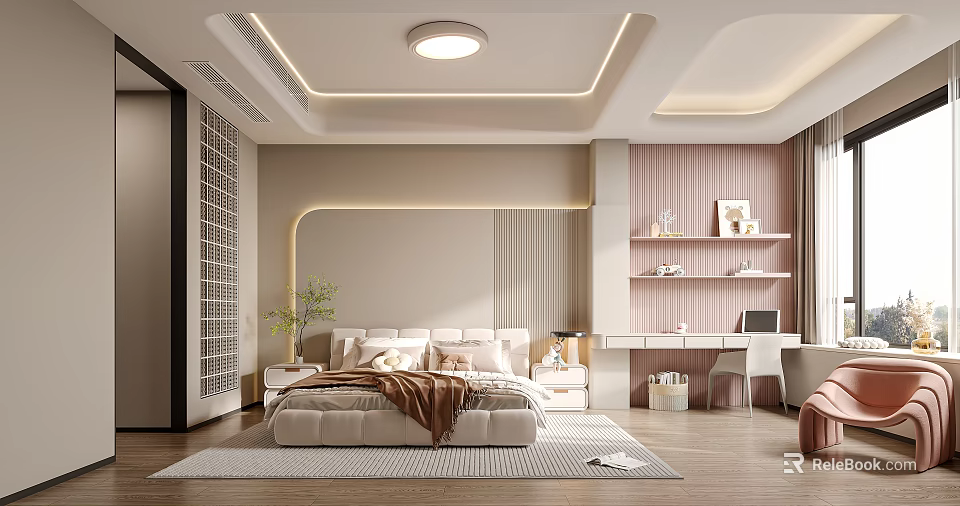 Modern Bedroom Interior With Soft Pink Accents Bed Desk And Wooden Shelves 3d model 