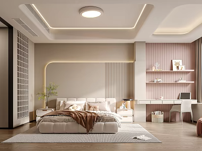 Modern Bedroom Interior With Soft Pink Accents Bed Desk And Wooden Shelves 3d model
