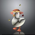 White Duck Wearing Striped Pink Hat With Yellow Stars Around And Red Star On Back