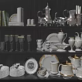 Elegant Ceramic Dinnerware Set With Plates Cups Bowls And Kitchen Shelf 3d model