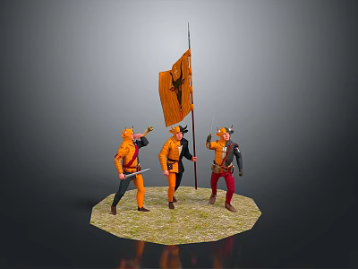 Medieval Armored Soldiers With Orange Flag On Circular Grass Base 3d model