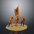 Medieval Armored Soldiers With Orange Flag On Circular Grass Base