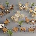 Bamboo Table and Chair Sets With Small Tables and Potted Plants 3d model