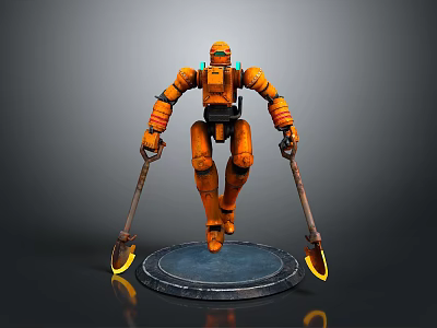 Orange Mechanical Robot Character With Armored Body And Luminous Hand Tools In Sci Fi Art 3d model