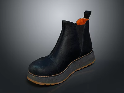 Black Leather Ankle Boots With Thick Sole And Orange Inner Lining For Daily Use 3d model