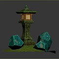 Traditional Green Japanese Lantern With Pedestal And Blue Stones On Green Grass