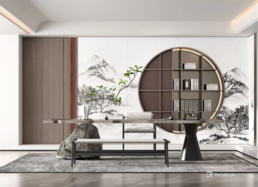 Modern Chinese Study Room with Circular Bookshelf Mountain Landscape Wall and Green Plant 3d model 
