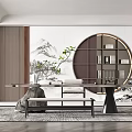 Modern Chinese Study Room with Circular Bookshelf Mountain Landscape Wall and Green Plant