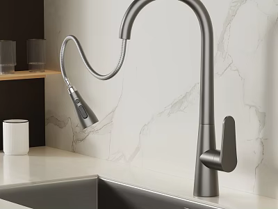 Matte Black Kitchen Faucet With Gooseneck Design On Marble Backsplash Countertop 3d model