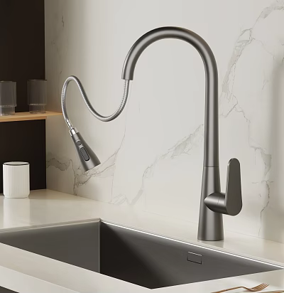 Matte Black Kitchen Faucet With Gooseneck Design On Marble Backsplash Countertop 3d model