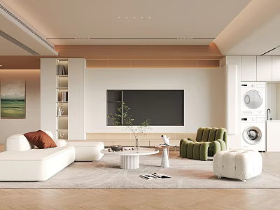 Modern Living Room Interior Featuring White Sofa Green Armchair Round Coffee Table And Large TV 3d model