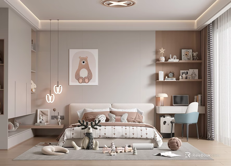Cozy Kids Room Interior With Bed Bear Painting Bookshelf Desk Blue Chair And Toys 3d model 