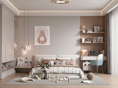 Cozy Kids Room Interior With Bed Bear Painting Bookshelf Desk Blue Chair And Toys 3d model
