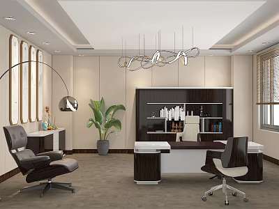 Modern Office Interior Design With Executive Desk Leather Chair Bookshelf And Potted Plant 3d model