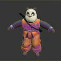 3D Panda Character In Orange Purple Outfit With Purple Sash And Black Staff On Back
