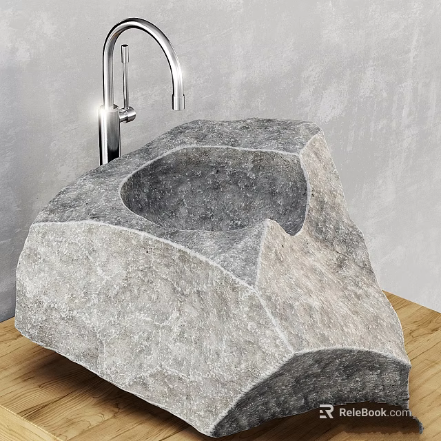 Natural Stone Washbasin In Unique Rock Shape With Chrome Faucet And Wooden Countertop 3d model 
