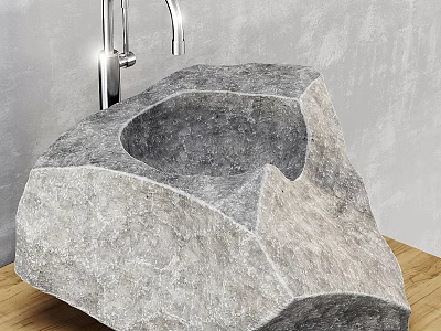 Natural Stone Washbasin In Unique Rock Shape With Chrome Faucet And Wooden Countertop 3d model